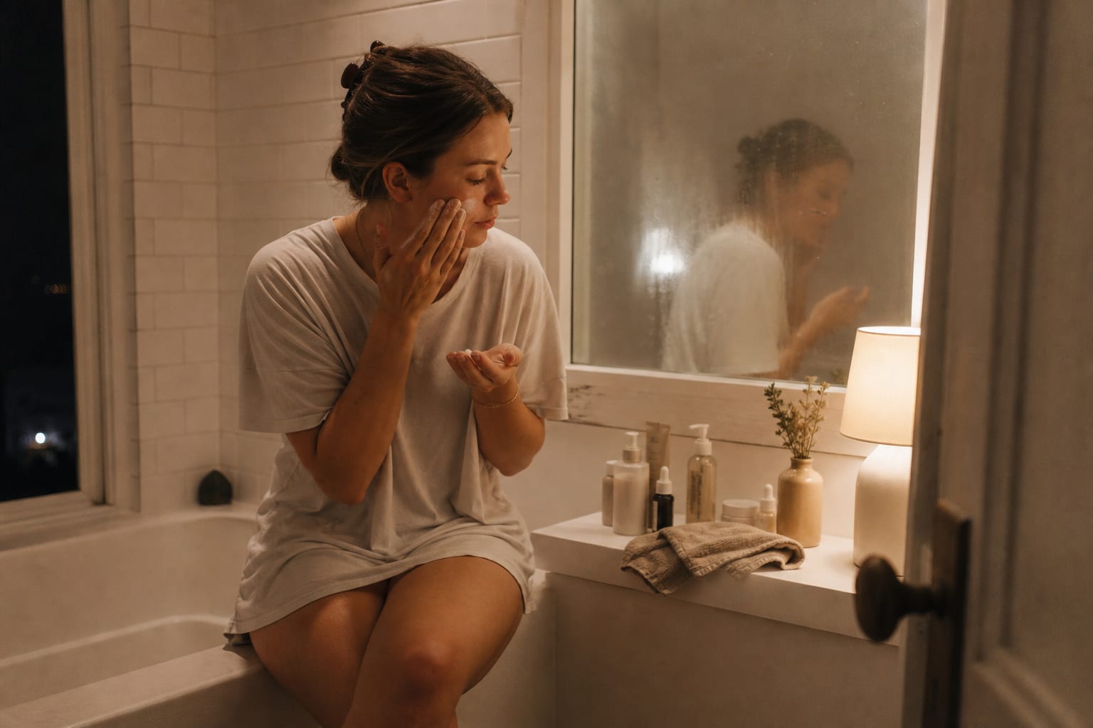 A woman applying moisturizer at night in a warmly lit home bathroom, with a few skincare bottles beside her