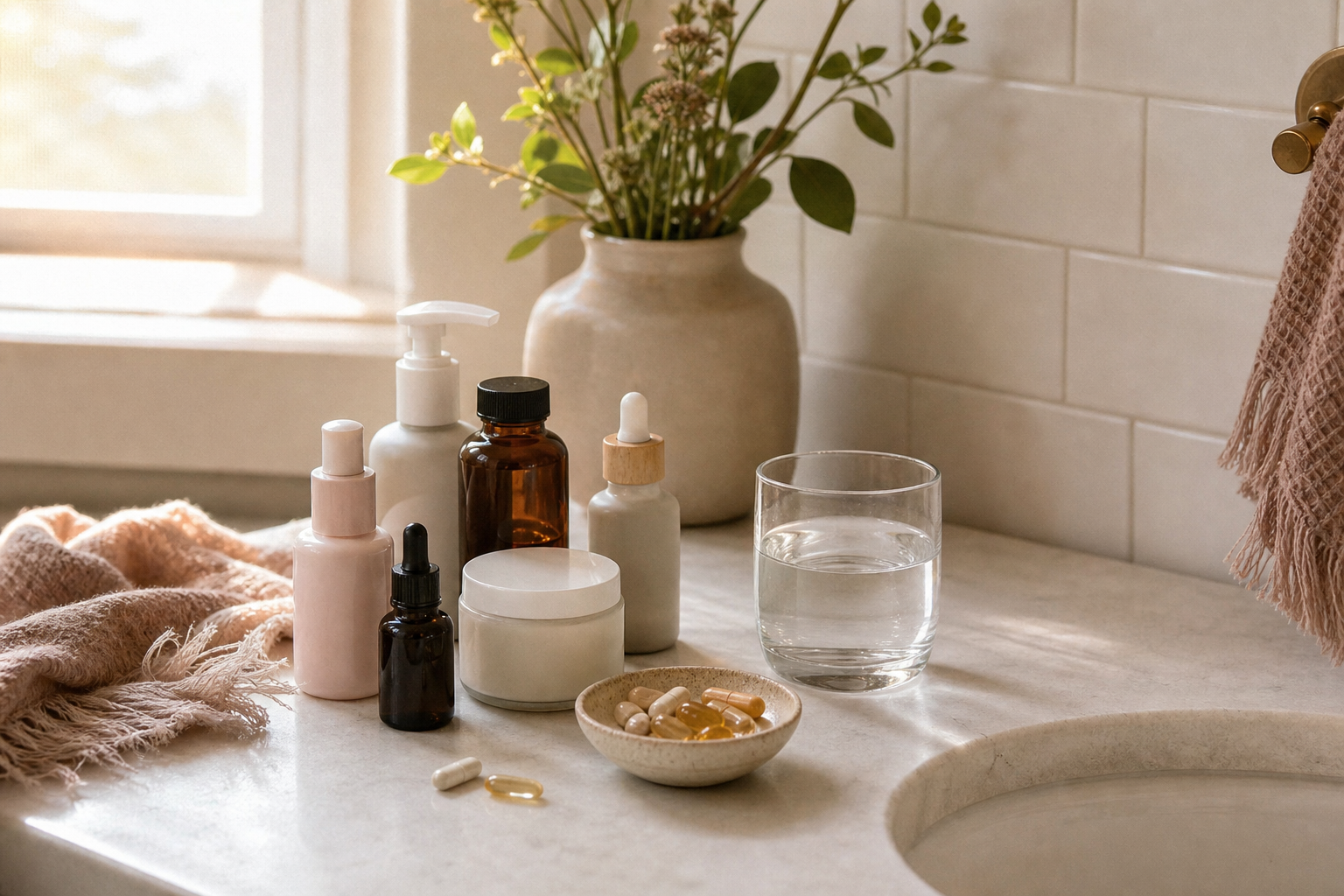 Skincare products and wellness supplements arranged together on a sunlit bathroom counter