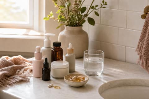 Skincare products and wellness supplements arranged together on a sunlit bathroom counter