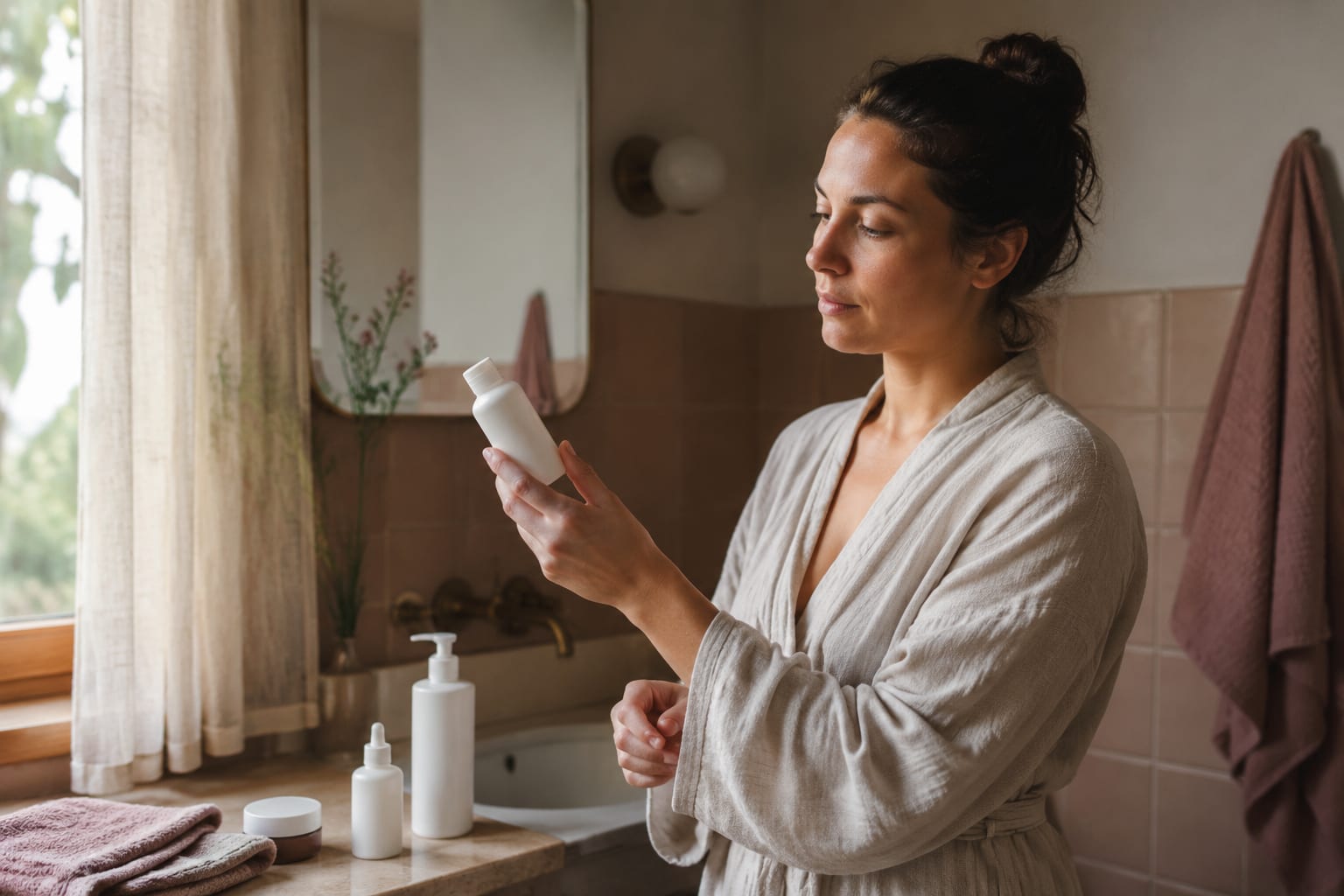 Woman at a sunlit bathroom sink examining a plain skincare bottle in morning light