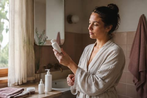 Woman at a sunlit bathroom sink examining a plain skincare bottle in morning light