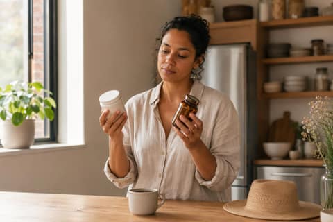 A woman in a sunlit kitchen comparing a jar of sunscreen and a bottle of supplements, with a straw hat on the counter