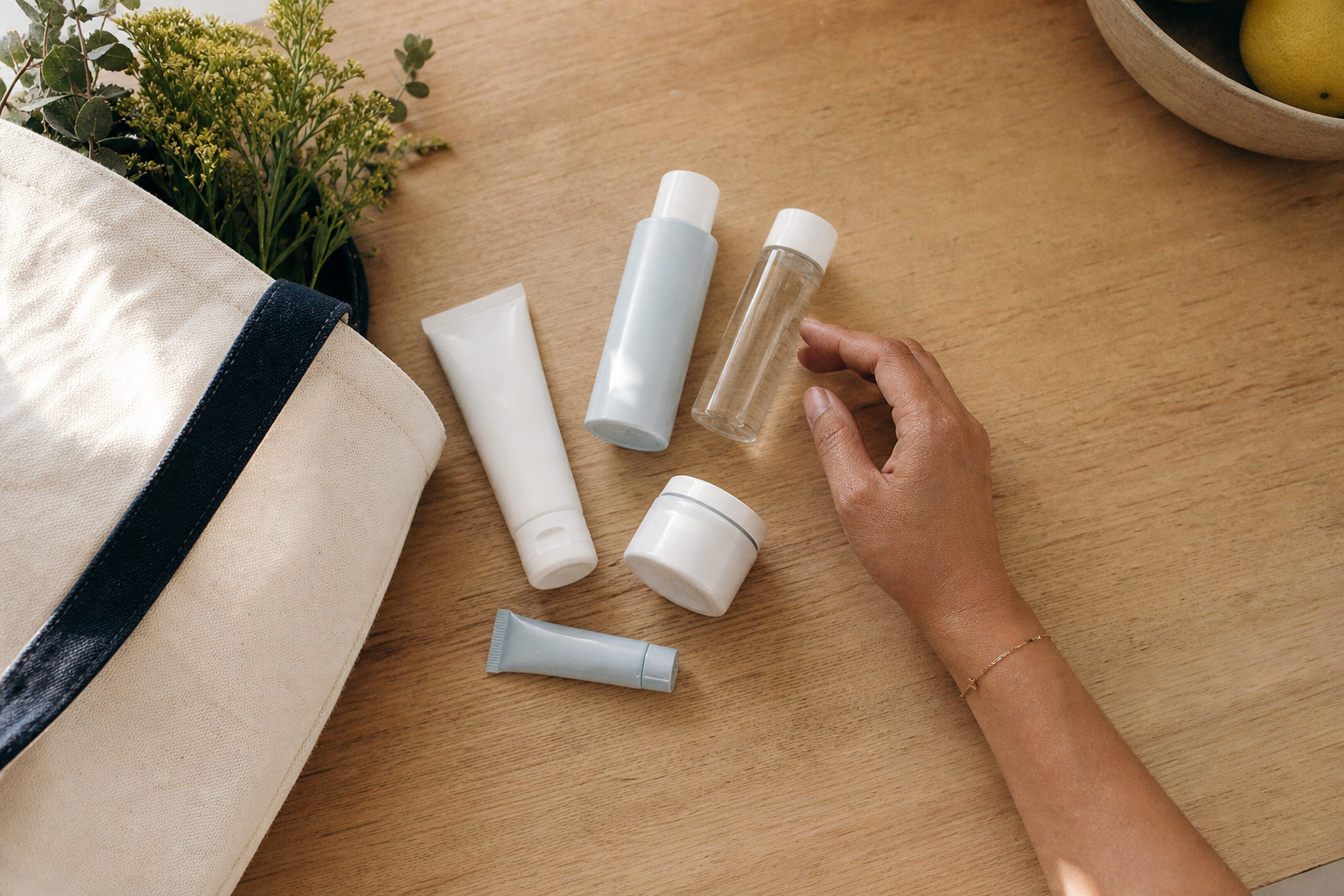 Overhead view of simple skincare products on a kitchen counter beside a canvas tote bag