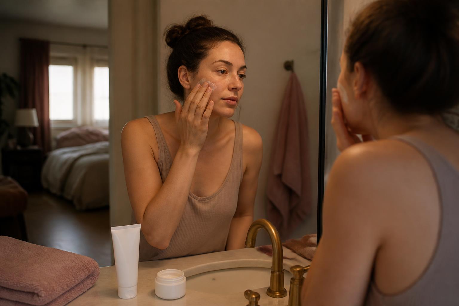 A woman applying a small amount of cream to her cheek at a softly lit bathroom sink at night