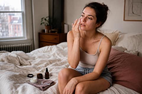 A woman patting moisturizer onto damp skin by a bright bedroom window on a winter morning, with skincare bottles and a metal spoon on the bed beside her