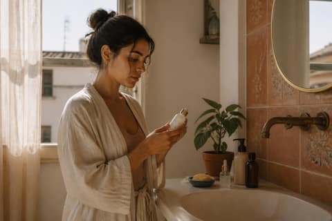 A woman in a sunlit bathroom reading the ingredient list on the back of a skincare bottle