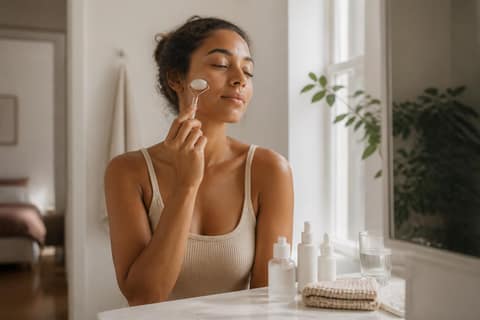 Woman using a chilled facial roller on her cheek at a sunlit bathroom counter
