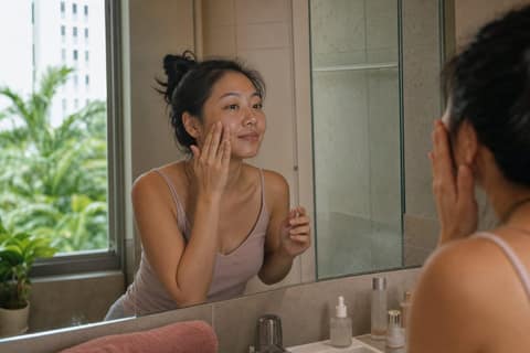 A woman patting a light serum onto her cheek at a sunlit bathroom sink in a Singapore apartment