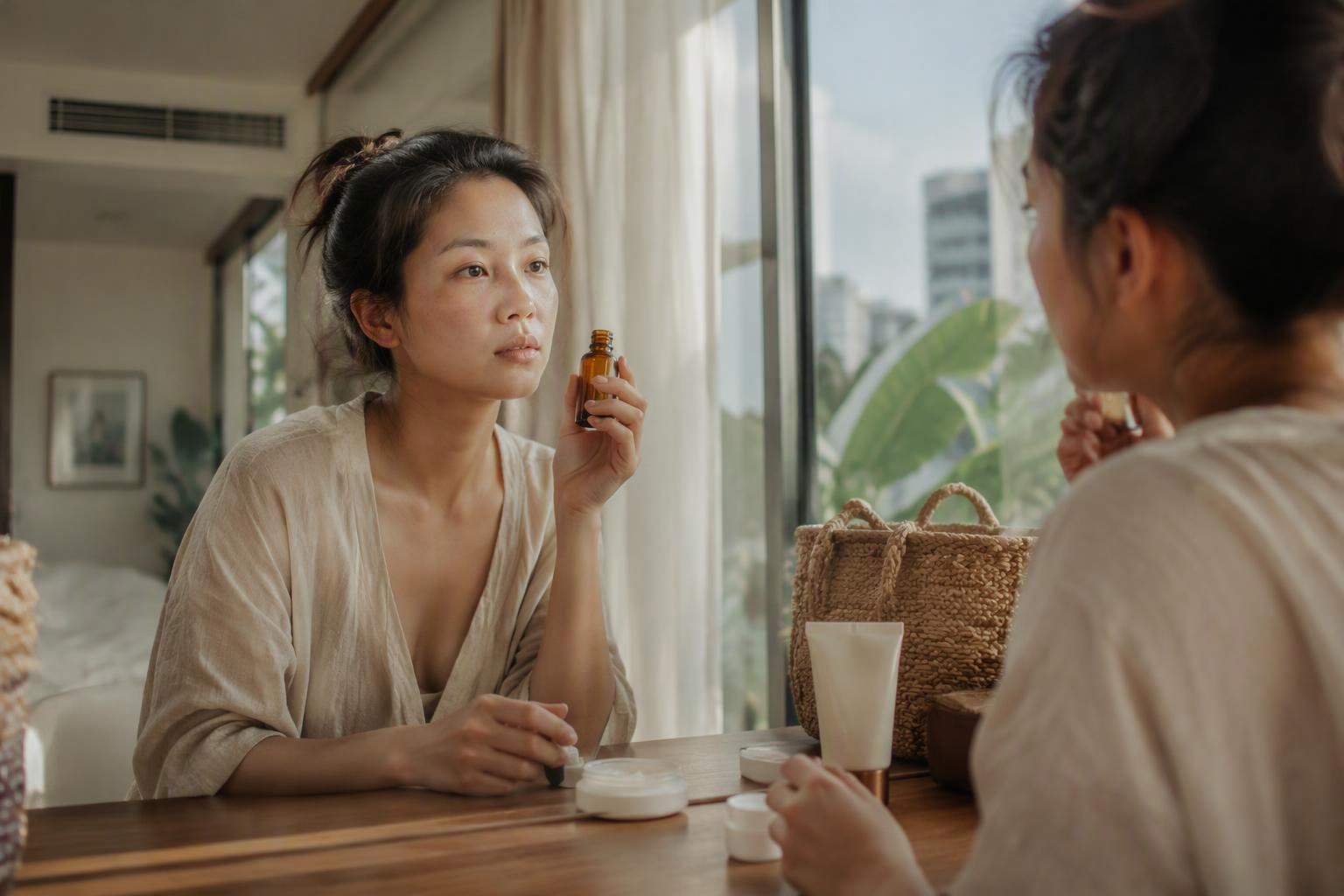 Singaporean woman testing a plumping skincare serum at home