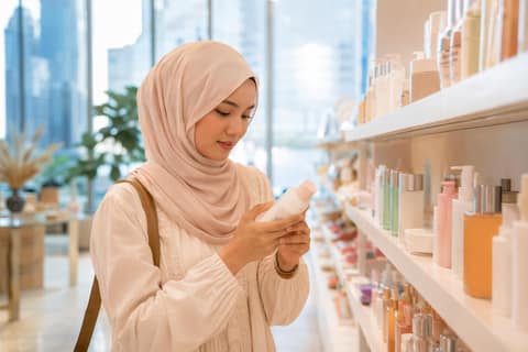 A woman in a hijab thoughtfully reading a sunscreen label while shopping at a bright skincare store in Malaysia