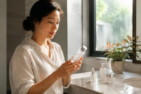 A woman reading the label on a plain serum bottle at a sunlit bathroom counter with a few skincare products beside her