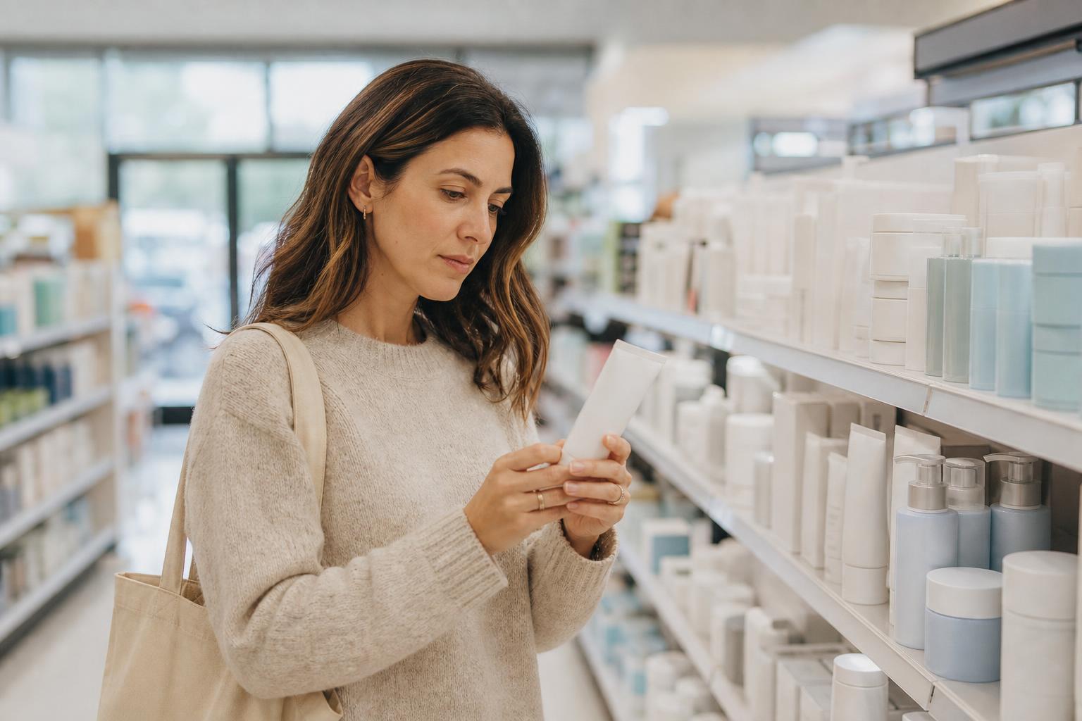 A woman in a soft sweater reading the back of a plain white skincare tube in a sunlit pharmacy aisle
