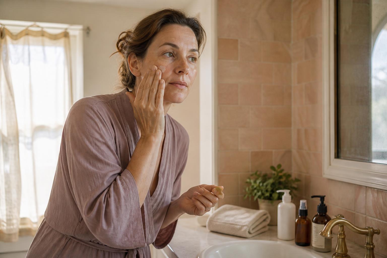 A makeup-free woman applying moisturizer at a sunlit bathroom sink with a few simple skincare bottles on the counter