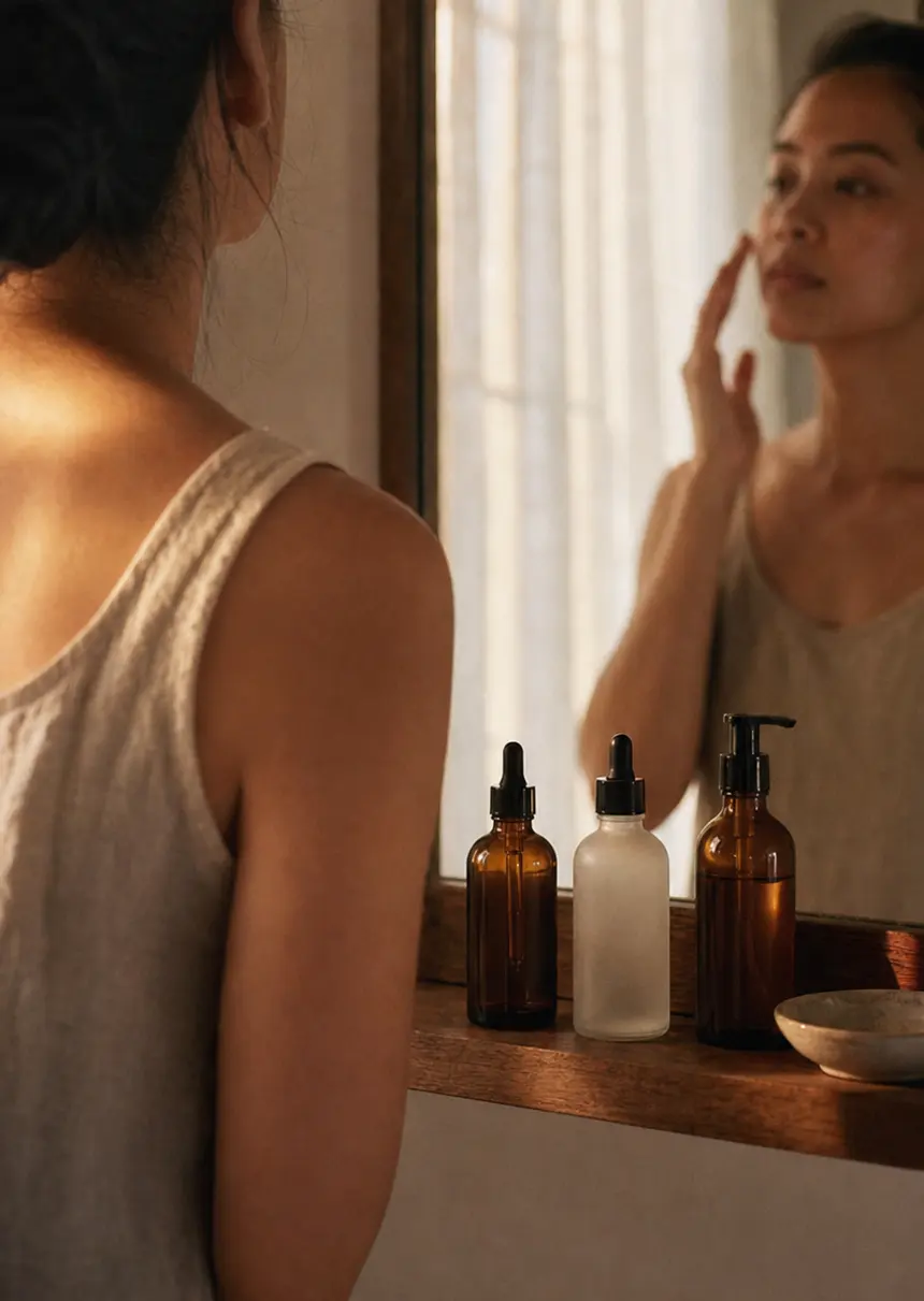 A woman applying skincare at a bathroom mirror in early morning light, a shelf of plain glass bottles below.