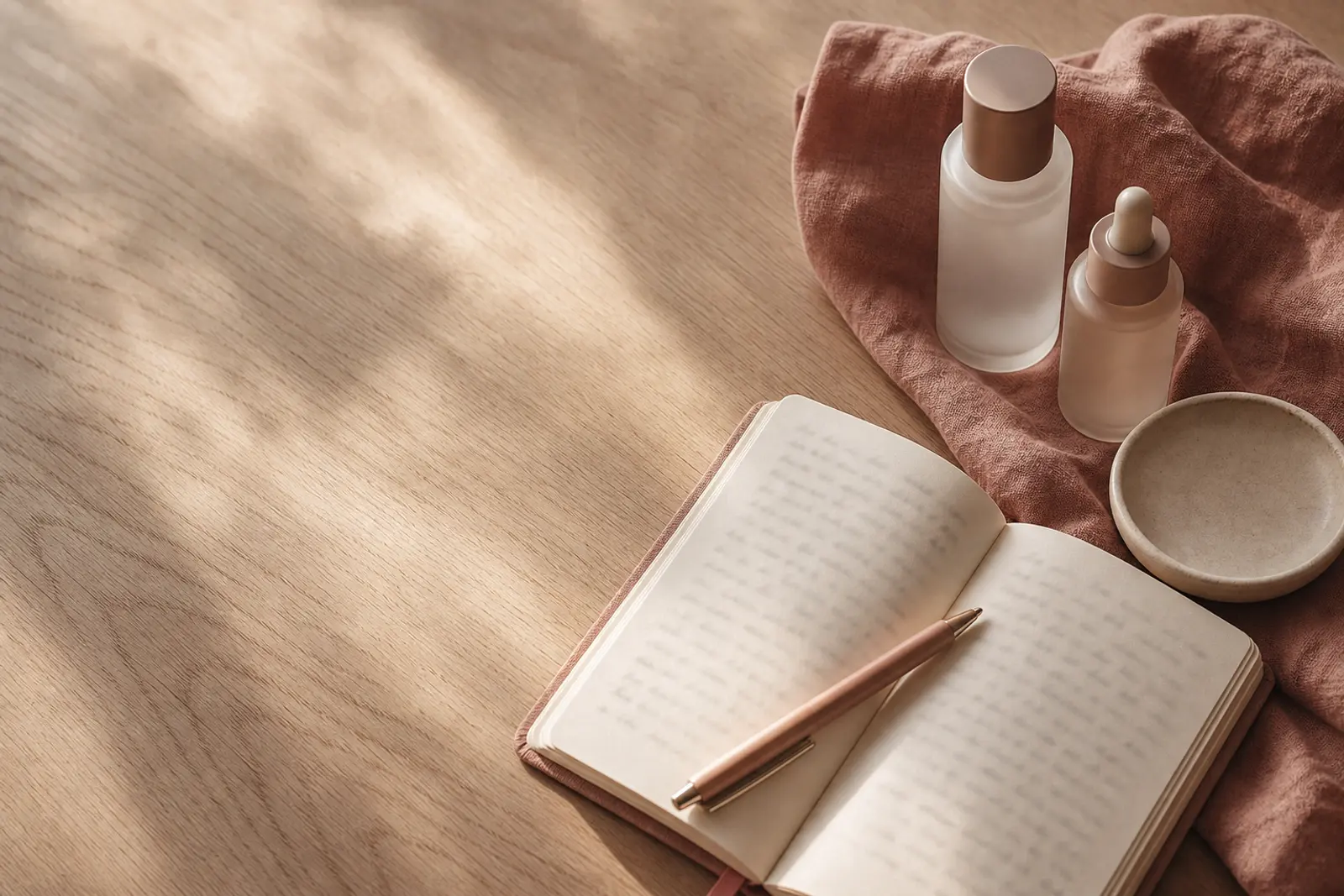 An open notebook and two plain skincare bottles on a pale oak table in morning light.